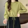 Suéter casual simples de cor sólida estilo coreano para mulheres baixinhas, moda outono e inverno, gola redonda, cordão, tricô pulôver solto, moderno