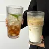 Copo de Vidro Listrado Vertical Estilo Ins, Caneca de Café Estilo Americano, Copo de Suco, Copo Doméstico com Tampa e Canudo, Copo para Bebidas