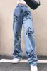 Venda Direta de Fábrica Moda Europeia e Americana Transfronteiriça Design Jeans Denim Slimming de Perna Reta com Estampa para Mulheres