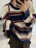 Suéter Rayado Transfronterizo Europeo y Americano de Calle para Mujer, Jersey Informal Retro de Invierno con Bloques de Color y Cuello Redondo, Tejido de Punto Holgado para Estudiantes