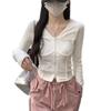 Camiseta de Otoño Temprano Estilo Americano Hombro Derecho Cuello en V para Mujer Nuevo Primavera y Otoño Doble Cremallera Espina de Pescado Top Corto