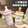 Taza isotérmica de acero inoxidable KT316 de dibujos animados linda, diseño de alta calidad, gran capacidad, con pajita y asa, portátil, y perfecta para mantener las bebidas frías