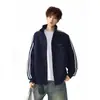 Moletom Cardigan Esportivo Color Block com Listras Americanas Masculino Outono Novo Solto Estilo College Marca Tendência Jaqueta com Gola Alta