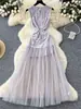 Vestido Longo Europeu e Americano Transfronteiriço 2026 Nova Moda Floral Veludo Tule Patchwork Elegante Sem Mangas Linha A