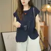 Blusa de Seda de Gelo Franzida Estilo Retrô Americano com Gola Assimétrica e Manga Curta Irregular para Mulheres Verão Tamanho Plus Versátil Temperamento Rejuvenescedor Camisa para o Dia a Dia