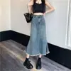 Saia jeans retrô para mulheres 2024 primavera novo cintura alta modeladora desfiada comprimento médio saia sereia moda