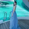 Vestido Suspenso Azul Estilo Gentil Costas Abertas para Mulheres, Roupa de Viagem de Verão, Vestido Longo para Férias na Praia, Tecido de Malha