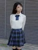 LuoxueOriginal Saia Plissada Azul Bordada Uniforme JK Cintura Alta Emagrecedora Estilo Academia Meia Saia Plissada Saia Evasê