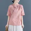 Top feminino estilo chinês, com estampas étnicas chinesas, bordados retrô, mistura de algodão e linho, design de puxar, gola alta e botões de nó chinês tradicionais, adequado para cerimônias de chá