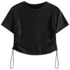 Camiseta de Algodão Lavado com Efeito Desgastado Shorts para Estudante Feminina Verão Solto com Cordão Cor Lisa Efeito Emagrecedor Gola Redonda Top
