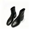 Novas Botas Cano Médio Elegantes da Moda da Internet Afuniladas Elásticas Salto Alto Bico Redondo Femininas 2026 Outono/Inverno Novas Couro Genuíno Salto Grosso