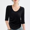 Top de Collar con Corazón Rojo Ankela para Mujer, Manga Media, Elegante Estilo Otoñal, Ceñido a la Cintura, Camiseta Básica Plisada, Camiseta Corta