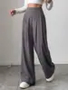Calça social feminina de cintura alta, perna larga, estilo europeu e americano, em V, plissada, com caimento fluido, modelagem solta, comprimento até o chão, exclusiva para exportação.