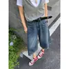 Shorts jeans femininos estilo americano retrô, modelo fino de verão 2026, cintura alta, corte reto, caimento solto, modelador, calça de seis pontos, perna larga, comprimento médio