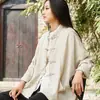 Camisa Suelta de Lino para Mujer de Primavera y Otoño Cardigan tipo Murciélago Top Holgado Artístico Camisa de Aire Acondicionado Abrigo para Mujer Top con Botones