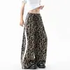 Calça Larga Feminina Estampa de Leopardo Retro Americana Nova Solta Emagrecedora Calça Banana Hot Girl Perna Reta Listrada Casual Longa