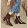 Botas de Salto Alto Botas Curtas de Bico Fino Femininas Botas Slim 2025 Novo Outono e Inverno Botas Marrons Salto Grosso Cano Médio Francês de Couro