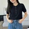 Nuevo estilo de verano, algodón puro, manga corta, tejido de seis botones, retro, trenzado, medio abierto, cuello redondo, suéter, top simple y fino para mujer