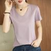 Camiseta de verano de algodón mercerizado de alta calidad para mujer, cuello en V, suelta, adelgazante, ropa interior, color sólido, cuello redondo, combina con todo, manga corta