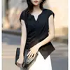 Camiseta Elegante de Cuello en V y Manga Corta Estilo Francés para Mujer, Nuevo Modelo de Verano con Abertura Asimétrica, Cintura Fruncida, Efecto Adelgazante, Adecuada para el Trabajo