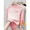 Camiseta Feminina Outono/Inverno Gola Meia-Alta Manga Longa Estilo Coreano Infantil Plush Camada Base Top Roupa Infantil Primavera/Outono Roupa de Baixo Tendência
