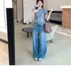 Flor Azul Xu Ye|Jeans Bordados Completos Bordados en Azul Lavados Envejecidos Bordado Pesado Cintura Alta Pierna Ancha Rectos Largos
