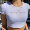 Verão Novo Gola Redonda Pulôver Manga Curta Estampa de Letras Ombro a Ombro Top T-shirt Feminino Europeu e Americano