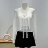Suéter de Punto Patchwork de Encaje Estilo Francés con Cuello en V para Mujer, Nuevo Modelo Primavera/Verano, Elegante y Adelgazante, Prenda de Abrigo Versátil con Diseño Único de Lazos