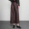 Calça de couro genuíno da marca Haining autêntica para mulheres, coleção outono/inverno 2026, comprimento cropped, corte solto, estilo coreano, calça de pele de carneiro wide leg