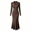 Vestido de punto con cuello estilo francés para mujer, Vestido largo de punto de hilo coreado engrosado Shein, Falda de sirena adelgazante