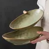 Plato Ovalado de Cerámica Rústica Transfronterizo, Vajilla Cerámica Estilo Retro Japonés, Plato de Mesa para el Hogar, Uso en Restaurante, Alto Valor Estético