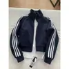 Jaqueta Moletom Listrada Azul Marinho com Três Listras para Homens e Mulheres Curta Outono e Primavera Cleanfit Gola Alta Uniforme de Baseball Jaqueta Esportiva