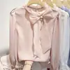 Nueva Blusa de Chifón Elegante de Moda Estilo Coreano para Primavera y Otoño con Cuello Alto, Corbata, Perlas, Manga Larga para Mujer
