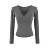 Camiseta puramente seductora de cuello en V cruzado y manga larga, nuevo estilo de otoño, sexy y versátil, corte ajustado, corta, top base de color liso