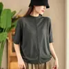Novedad de Principios de Otoño 2026: Camiseta de Punto para Mujer con Cuello Medio Alto, Top Holgado de Color Sólido con Botones, Manga Media Versátil Capa Base MHT