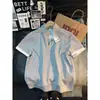 Camisa polo xadrez estilosa cinza claro, imitação de duas peças, manga curta para homens, verão, tendência, patchwork retrô americano