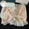 Conjunto de Pijama de Shorts com Alça de Verão Feminino com Sutiã Embutido Algodão Nuvem Renda Estilo Coreano Renda Simples com Cadarço Roupa de Casa Conjunto de Duas Peças