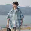 Nasa sobre Camisa a Cuadros Retro de Manga Corta para Niños Verano con Capucha Trendy Versátil Holgada Casual Adolescentes