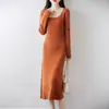 Vestido de Lana con Cuello en U Siping Long Transfronterizo para Mujer Otoño Invierno Ropa Interior Falda Plisada Suéter de Punto Base para Mujer
