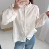 Camisa bordada suave estilo francês para mulheres, de manga longa, branca, gola alta, top elegante e que afina, blusa estilo jacquard