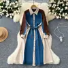 Vestido Camisa de Mezclilla con Bloques de Color, Mangas Largas, Solapa, Un Botón, Tiras de Empalme, Cintura Ceñida, Aspecto Adelgazante, Moda Nueva 2024