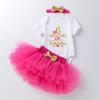 Atacado transfronteiriço ins roupas infantis novo desenho animado aniversário manga curta vestido princesa cor acessório de cabeça conjunto de três peças