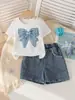 Ropa para Niñas Jóvenes 4-7 Años Camiseta de Verano para Niñas de Manga Corta con Lazo Aplicado Bordado + Pantalones Cortos de Mezclilla