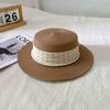 Sombrero de Vacaciones Estilo Francés de Lunares con Copa Plana para Mujer, Elegante Sombrero de Paja con Perlas para el Verano, Sombrero de Sol para la Playa