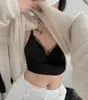 2602# Copa Fija Satín Espalda Hermosa Cruzada Pecho Sin Tirantes Ribete de Encaje Cuello en V Correas Ajustables Sujetador Push-up Inalámbrico para Mujer