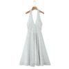 7547-25 Vestido de Verano Elegante de Lunares de Largo Medio con Halter de Estilo Coreano Ajustado Vestido Línea A Falda de Dobladillo Ancho