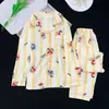Conjunto de Pijama de Algodón y Seda Yunduo para Mujer en Primavera y Otoño Delgado Lindo Rayas de Dibujos Animados Cardigan de Manga Larga Ropa para el Hogar Se Puede Usar Afuera
