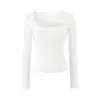 Estilo Coreano Bolsillos Sentido del Diseño Cuello en U Grande Puro Deseo Camiseta de Manga Larga para Mujer Otoño Nueva Llegada Corte Ajustado Corta Capa Base Top de Chica Atrevida