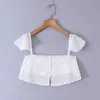7919-26 Top tipo camisola de verano con diseño de volantes retro francés, top corto estilo puro deseo, camiseta simple
