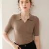 2025 Otoño Temprano Nuevo Suéter de Punto de Cachemira Camisa Interior para Mujer de Manga Corta Casual Versátil Cuello Polo Superior de Color Puro